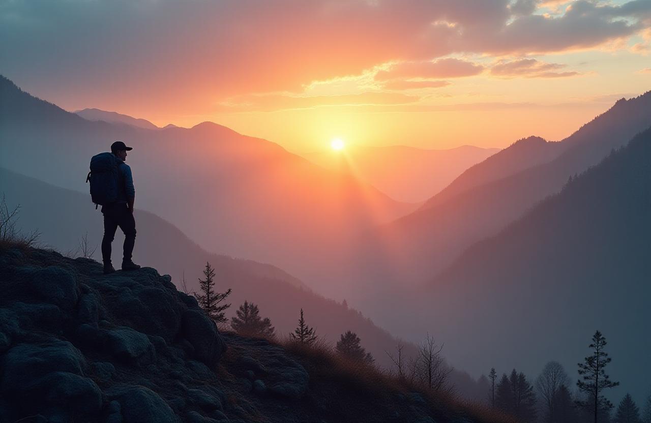 Hiker overlooking misty Catskill peaks at sunrise