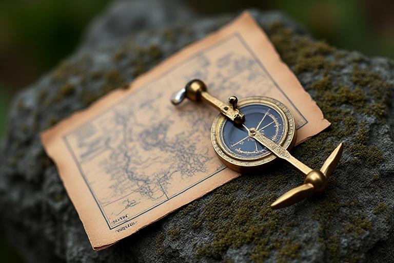 Brass compass and paper map on a rock