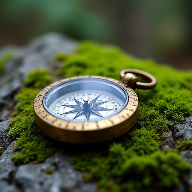Vintage brass compass resting on vibrant green mossy rock